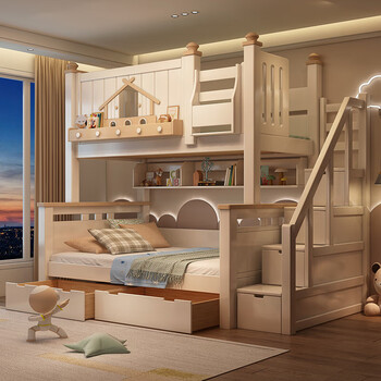 Fenlis all solid wood bed and bunk bed, children's bed, high and low beds do not interfere with each other, double bed and double bed with high guardrails, high and low bed + bookshelf + double drawers + ladder cabinet, bottom bunk 1.5*1.9 meters, upper bunk 1.2*1.9 meters