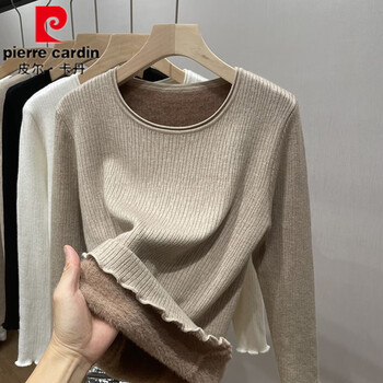 Pierre cardin velvet thickened knitted sweater with warm round neck sweater for women, autumn and winter low-neck one-piece velvet fungus bottoming shirt, oatmeal color s 80-95