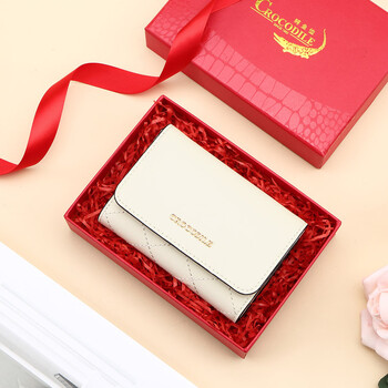 Crocodile shirt new year's gift cowhide wallet women's short diamond pattern three-fold ticket holder coin purse off-white