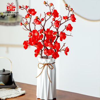 Love has been filled with sugar artificial flowers and fake flower set red plum 3 long plastic flowers ceramic vase chinese new year ornaments spring festival decoration