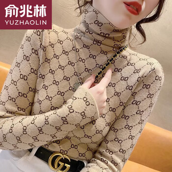 Yu zhaolin (yuzhaolin) modal cotton autumn and winter turtleneck german velvet bottoming shirt for women new style printed western style inner layer pile collar slim fit and warm apricot color without velvet xl 115-130 catties