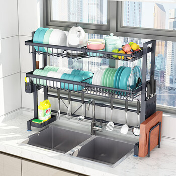 He jiagong 304 stainless steel kitchen rack sink bowl rack dishware drain rack supplies household dish storage rack upgraded version - black single layer telescopic up and down, left and right, no pendants