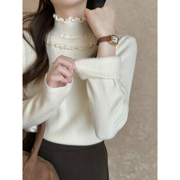 Yu zhaolin (yuzhaolin) velvet half-turtleneck sweater, women's knitted bottoming shirt, beaded design, autumn and winter wood ears with integrated velvet