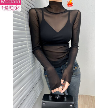 Modal turtleneck black mesh bottoming shirt for women with lace interior high-end 2026 new top thin black s 80-100 catties