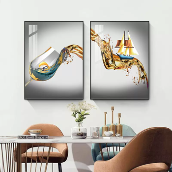 Yusenyi is suitable for the style of dining room, light luxury restaurant, high-end dining table background, mural hanging, wine glass decoration, wall painting, style 02, rich gold (light luxury aluminum alloy frame), high-end crystal porcelain painting (hot melt crystal porcelain surface), 60x80cm, recommended for a wall of about 2.4 meters and 3.0 meters