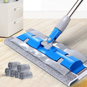 Hand-free flat mop for household tile floors, one mop, rotating wet and dry mop, lazy absorbent floor mop, thickened rod, thick cloth, standard seven pieces of cloth, light blue
