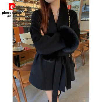 Pierre cardin double-sided cashmere coat sleeves 2025 new fox fur detachable woolen cloak white short coat goddess black m 110-150 pounds or less