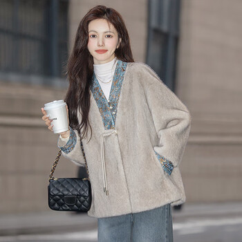 Sibaishe elegant jacket 2025 winter new women's spliced v-neck disc button loose mid-length top