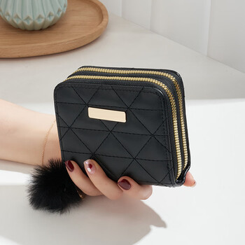 Geboni wallet double zipper short id bag new embroidered solid color clutch driver's license card storage bag card bag black