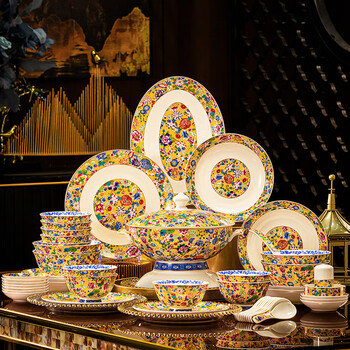 Hanming's high-looking 2025 new enamel-colored jingdezhen tableware complete set of bone china bowls and plates set for household housewarming gift, upgrade for 10 people, 60 pieces | high-end brocade box