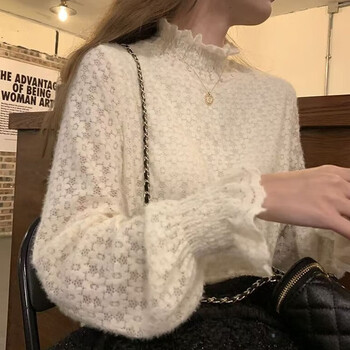 Miao yijia half turtleneck bottoming shirt for women in winter, which can be worn inside and outside. 2026 new long-sleeved top to cover the belly and make you slim. apricot plus velvet. half turtleneck lace bottoming shirt. one size fits all (recommended weight is within 120 pounds)