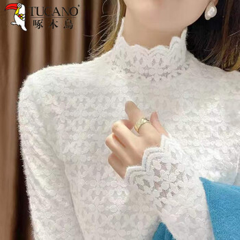 Woodpecker early spring new style 2025 brushed lace bottoming shirt for women autumn and winter style plus velvet top with high collar warm shirt 4005# layer white thin section s