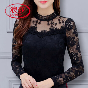 Langsha lace bottoming shirt women's long sleeve new autumn and winter plus size women's top slim fit hollow stand collar mesh small shirt black thin (sleeves are hollow) 3xl recommended 135-150 jin