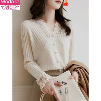 Modal v-neck lace white sweater for women in spring and autumn plus size inner layering shirt european goods ear-hem top white 2025 new/popular this year/high-end m 90-100 pounds