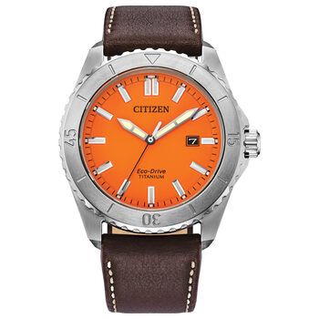 Citizen men's eco-drive sports watch silver steel case brown strap orange dial sapphire 100 meters waterproof brown/orange 41.0mm
