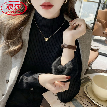 Langsha autumn and winter thickened velvet pullover half-turtleneck sweater for women, slim fit inner top, one-piece velvet sweater, black velvet style l, recommended 100-110 pounds