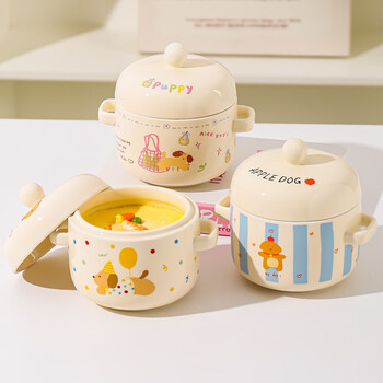 Kawashimaya stew pot, water-proof stew household ceramic pot with lid, special bowl for soup and steamed egg custard, small stew pot for one person, double ear stew pot 550ml-apple dog