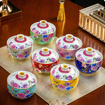 Jingdezhen ceramic stew pot, water-proof stew pot, egg custard soup pot, stew pot with lid, steamed egg bowl, soup bowl, small tile, phnom penh romantic rose 7-color stew pot, 1 set (one for each of the 7 colors)
