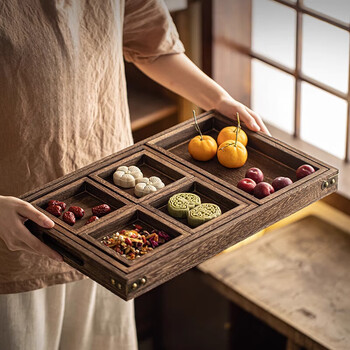 Shi jin wooden fruit plate qingshan hutong chinese-style burnt paulownia wood tray household retro fireside cooking tea afternoon tea snacks burnt paulownia wood tray-7-piece set