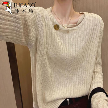 Woodpecker black striped sweater for women autumn 2025 new loose sweater with bottoming shirt design long-sleeved top tt6672#apricot xl recommended 125-140 pounds
