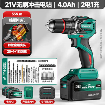 Green forest 21v brushless impact electric hand drill household lithium electric pistol drill multi-function wall drilling high power 55n.m two electric