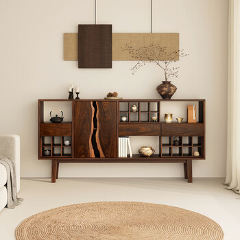 Wabi-sabi style solid wood ancient rack entrance cabinet sideboard tea set display rack storage storage shelf black walnut color yuxixing long cabinet 200*28*100cm