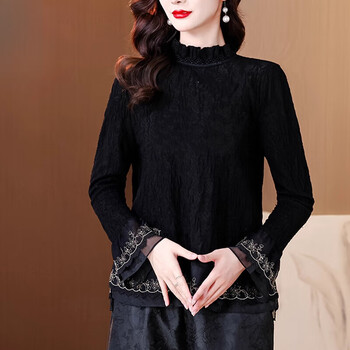 Xia dian suding queen (se.pstp) lace velvet bottoming shirt for women autumn and winter mother's wear half turtleneck long-sleeved t-shirt loose large size black chic top black l