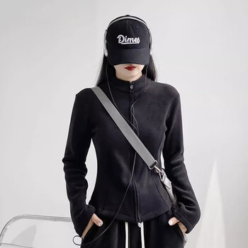 Jiaoxia forest plus velvet thickened stand collar slim fit sweater 2025 autumn and winter new style fleece liner windproof warm polar fleece jacket for women classic black m recommended weight 100-120 jin