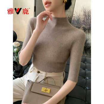 Yalu half turtleneck five-quarter sleeve 100 pure wool sweater for women autumn and winter inner sweater mid-sleeve seamless top base layer raw cashmere camel mid-sleeve l