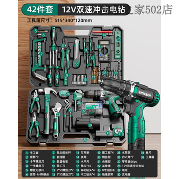 Green forest hardware tool set household toolbox repair combination full set multifunctional daily electrician woodworking encyclopedia 12v impact lithium electric drill-42 piece set