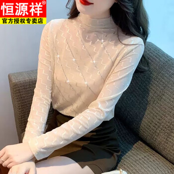 Hengyuanxiang half turtleneck lace bottoming shirt for women in autumn and winter plus velvet mesh slim fit fashionable style inner long-sleeved t-shirt top for women apricot l 105-115 catties