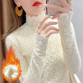 Bzok2025 new autumn and winter velvet lace bottoming shirt for women with high collar and slim fit, western style loose and versatile top 4005 velvet style with velvet all over, apricot l (110-119 pounds)