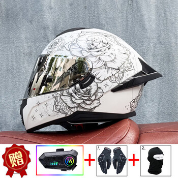 Lvs motorcycle helmet for men and women bluetooth full-face helmet dual lens motorcycle sports car partying race new national standard 3c certification a1 blooming aurora silver (night vision possible) + bluetooth xl