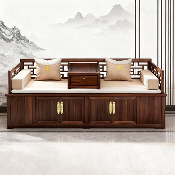 Yimu new chinese style solid wood arhat bed box type double storage sofa bed walnut living room zen modern bed imperial concubine 98 pattern fence arhat bed + kang table + sponge beige two-color cushion