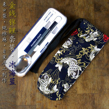 Skater japanese student chopsticks and spoon two-piece stainless steel cutlery set adult skater japanese portable cutlery box limited edition ice sea blue-gold thread koi set shanghai