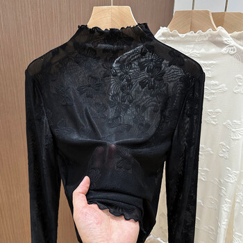 Floating summer wood ear-edge lace bottoming shirt half turtleneck mesh top 2025 autumn and winter new model with soft and western style jacquard top black s