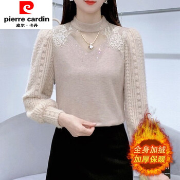 Pierre cardin half turtleneck hot diamond splicing plus velvet thickened lace bottoming shirt for women autumn and winter new long-sleeved knitted top a1004 brown warm plus velvet l 85-100 pounds