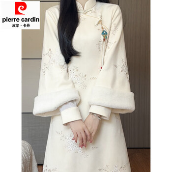 Pierre cardin new chinese style 2025 winter new off-white embroidered velvet thickened warm cheongsam inverted large sleeves retro style long skirt beige velvet a thickened s