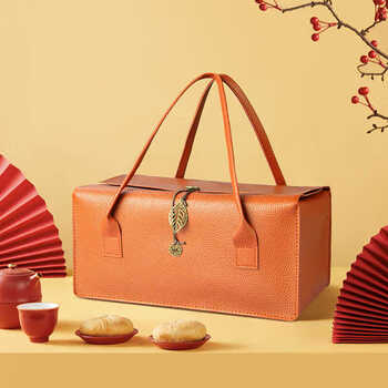 Wanjiazhen red wine box double pack mid-autumn mooncake gift box wine packaging empty box high-end leather portable souvenir wedding dafu red wine gift box orange + large size