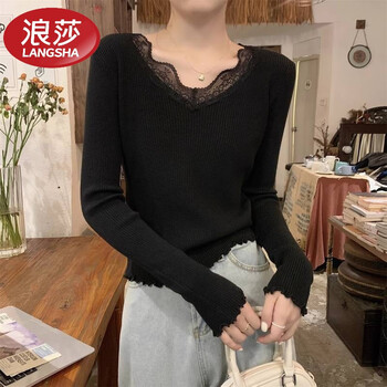 Langsha pure desire gentle lace splicing sweater women's autumn and winter designed bottoming shirt women's slim fit warm inner top gentle wind lace black top s 70-85 jin