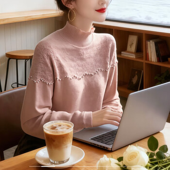 Fabric story luofen flagship store women's fashion versatile crochet beading french fungus half turtleneck sweater bottoming shirt winter pink m