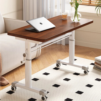 Taoteng movable desk lift table computer table home bedroom study table bedside table office wheeled workbench pro mobile model hand lift walnut 80*60cm upgraded anti-sway hand lift