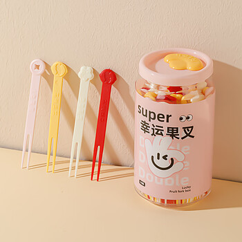 Home story (katei story) japanese disposable lucky lottery fruit fork canned household food-grade plastic small fork for eating cakes and desserts, fruit fork for lottery, pink can, 50 pieces * 1 can