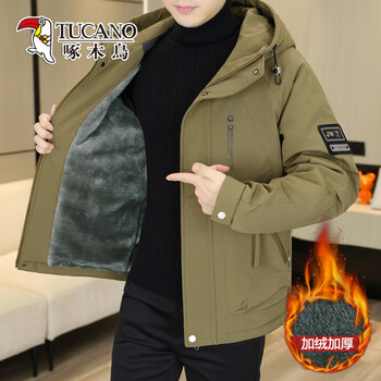 Woodpecker winter new velvet thickened hooded jacket men's loose casual parka winter fashion cotton jacket 8802 khaki velvet thickened 2xl 150-165 catties