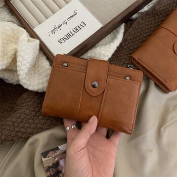 Jatuji retro brown short bifold wallet multi-card slot zipper coin clip unisex brown