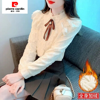 Pierre cardin autumn and winter velvet bottoming shirt for women 2025 new style small fragrant style inner lace top thickened western style bow shirt apricot plus velvet s