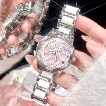 Xiaomi buyi 2025 new retro light luxury niche women's fully automatic mechanical watch high-end sunflower ceramic women's watch pink quartz watch-rotatable six-pointed star light luxury fashion + fashion trend