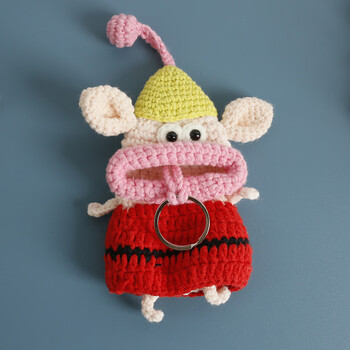 Creative hand-knitted big-eared pig key bag, wool crocheted pig sausage mouth key protective cover, finished product, red skirt pig sausage mouth