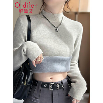 Ordifen sweater with western-style bottoming shirt for women with velvet long sleeves that can be worn outside half turtleneck autumn coat warm top large size winter