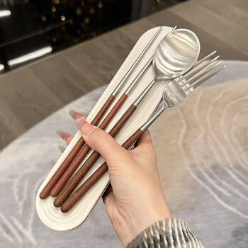 Qinkai 304 stainless steel chicken wing wood chopsticks and spoons portable set for students and office workers portable tableware three piece set of chicken wing wood chopsticks, forks and spoons portable box